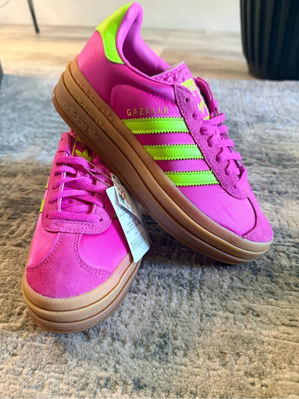 Women’s size 6 Adidas Gazelle Pink w/Neon Green Stripes and Gum Sole  New No Box